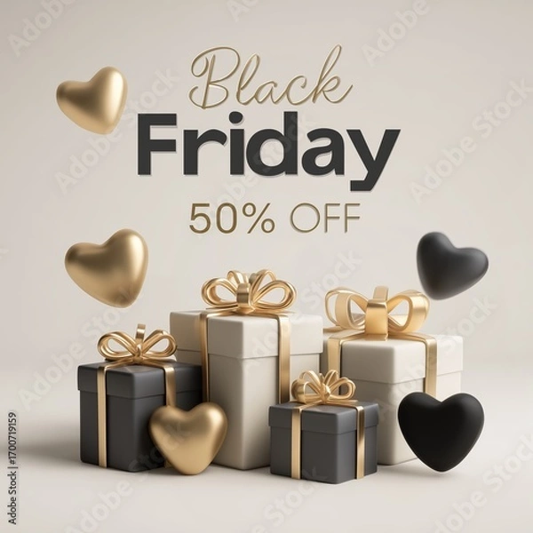 Fototapeta Black Friday sale banner with text 50% OFF, gold design, light background, minimalist style, 3D rendered illustration