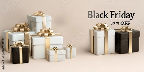 Fototapeta Black Friday sale banner with text 50% OFF, gold design, light background, minimalist style, 3D rendered illustration
