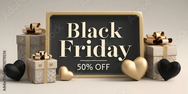 Fototapeta Black Friday sale banner with text 50% OFF, gold design, light background, minimalist style, 3D rendered illustration
