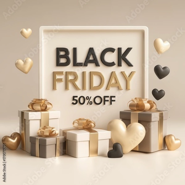 Fototapeta Black Friday sale banner with text 50% OFF, gold design, light background, minimalist style, 3D rendered illustration