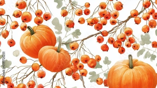 Fototapeta watercolour amazingly adorable drawn illustration for background consisting of soft rowan berries on branches and pumkins, festive autumn