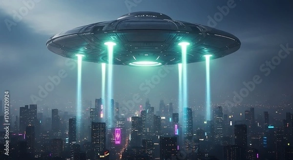 Fototapeta Alien Spaceship Descending Over a Futuristic City at Night Emitting Mysterious Beams of Light