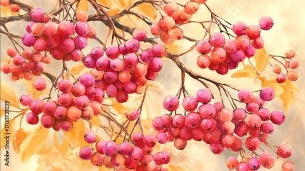 Fototapeta watercolour amazingly adorable drawn illustration for background consisting of soft rowan berries