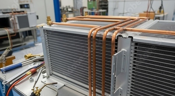 Fototapeta Copper pipes connected to an industrial heat exchanger unit.