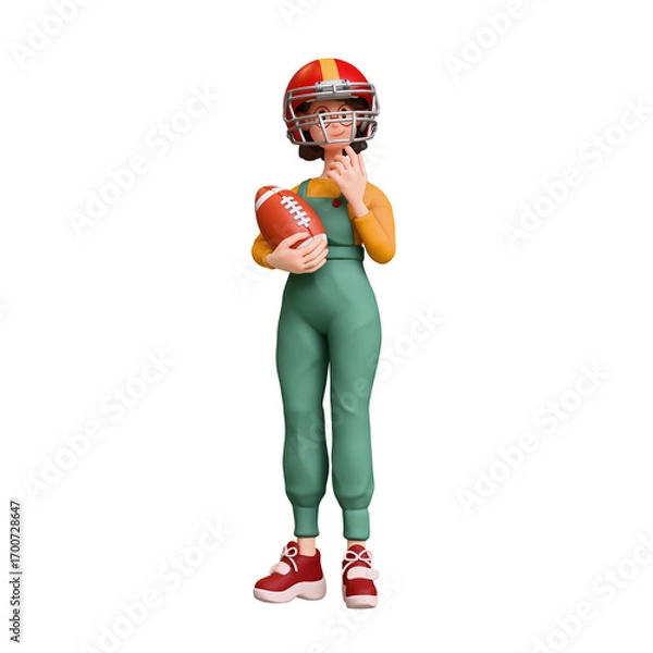 Fototapeta 3d rendering of stylized thoughtful asian girl in casual fashion clothes green overalls, red sports helmet holding american football ball standing touching chin with hand, thinking on white background