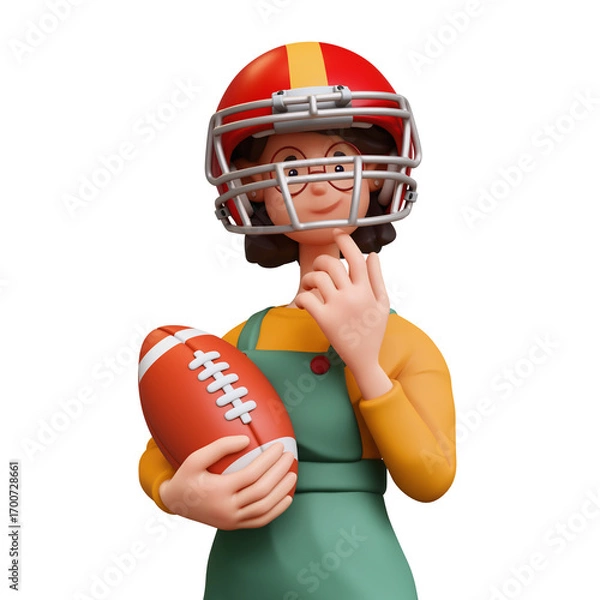 Fototapeta 3d rendering portrait of stylized thoughtful asian girl in casual fashion clothes green overalls, red sports helmet holding american football ball touching chin with hand, thinking on white background