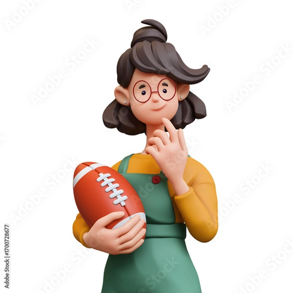 Fototapeta 3d rendering portrait of cute stylized thoughtful asian brunette girl in glasses, casual clothes, green overalls, holding american football ball, touching chin with hand, thinking on white background.