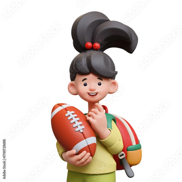 Fototapeta 3d rendering portrait of stylized thoughtful asian child girl in casual clothes green pullover with school backpack, holding american football ball, touching chin with hand, thinking, white background