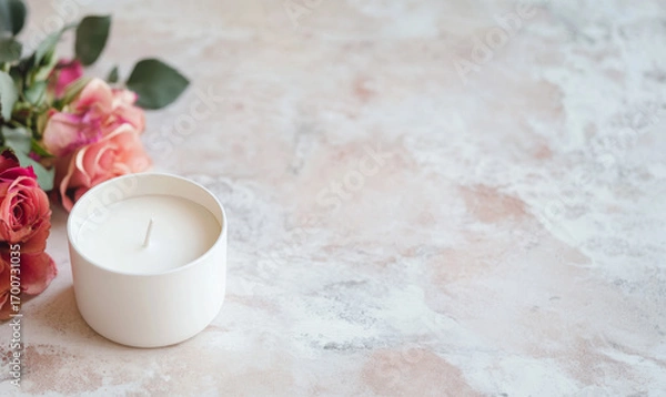 Fototapeta White candle and roses on marble surface, empty space for text