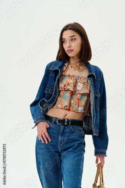 Fototapeta 	
Fashion shooting in studio . Professional model , fashionable clothes and style, new collection. stylish look