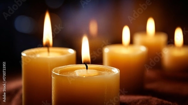 Fototapeta Burning tealight candles creating warm ambiance on dark background
