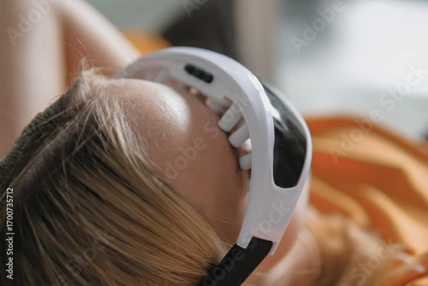 Obraz Gen Z woman unwinds  home smart eye massager?wellness tech  recovery, mindfulness and stress relief. Cozy greenery and soft light set a self-care, digital-detox mood, promoting balance, calm wellbeing