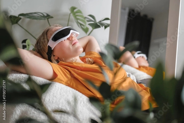 Obraz Gen Z woman unwinds  home smart eye massager?wellness tech  recovery, mindfulness and stress relief. Cozy greenery and soft light set a self-care, digital-detox mood, promoting balance, calm wellbeing