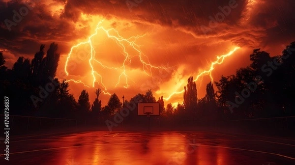 Fototapeta Basketball court under a stormy sky with lightning and rain thunder photo