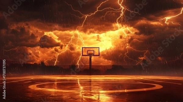 Fototapeta Basketball court with lightning storm and heavy rain dramatic dark clouds photo