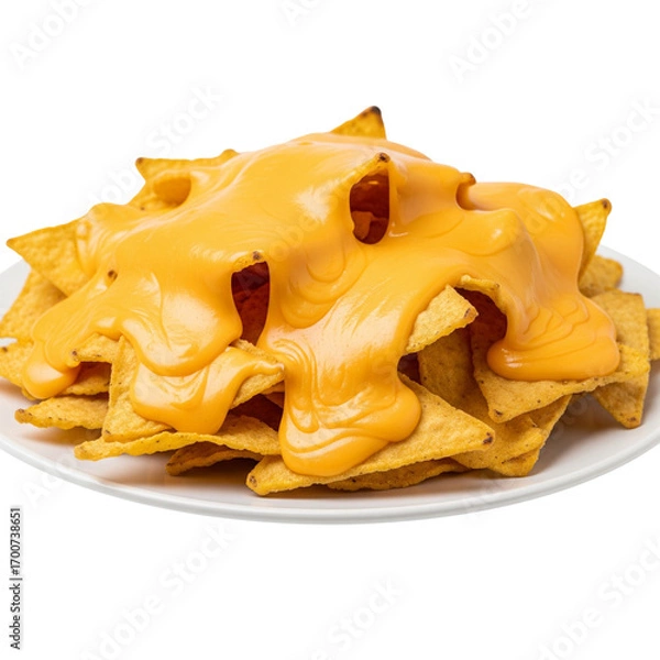 Fototapeta Pile of nacho chips covered in melted cheese isolated on transparent background