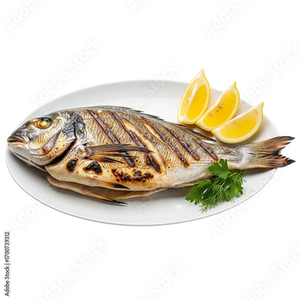 Fototapeta Grilled whole fish with lemon and parsley isolated on transparent background
