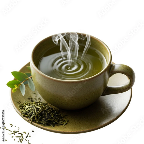 Fototapeta Steaming cup of green tea with loose leaves on a saucer isolated on transparent background