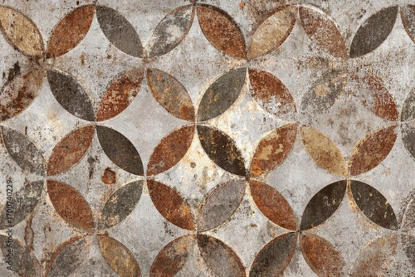 Fototapeta Distressed rustic tile design overlapping brown beige grey circles pattern