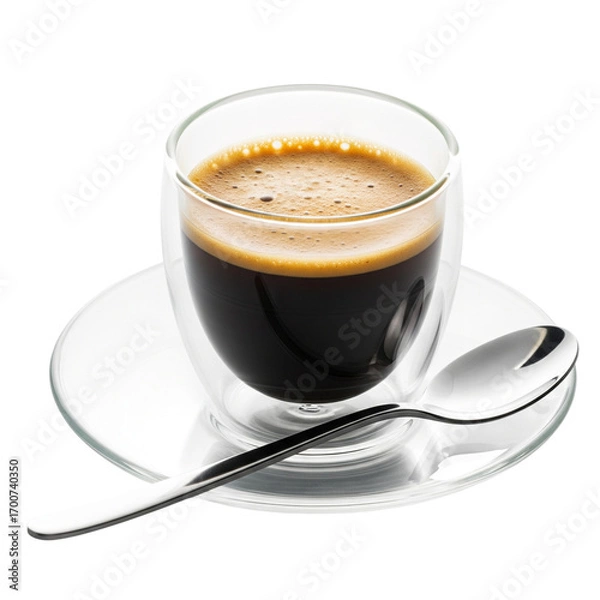 Fototapeta Double walled glass cup filled with espresso coffee on a saucer with spoon isolated on transparent background
