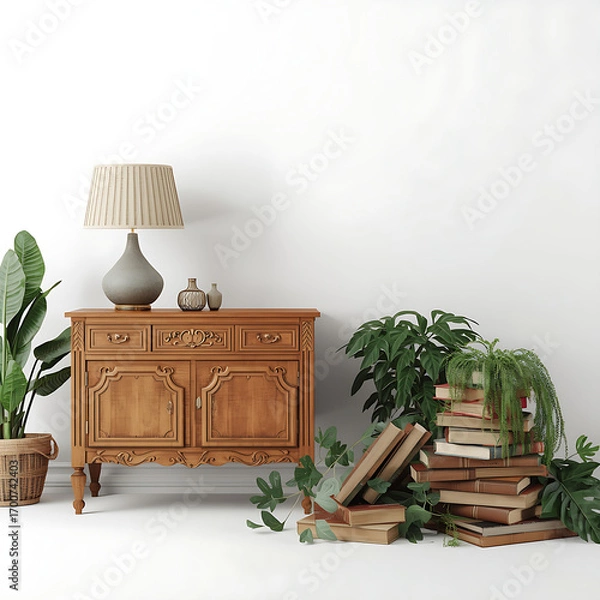 Fototapeta A 3D rendering of a home interior featuring a wooden commode, lamp, plants, and pile of books on an empty white wall background.