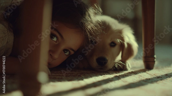 Fototapeta young girl and her playful puppy are hiding under table engaging in fun game of pretend