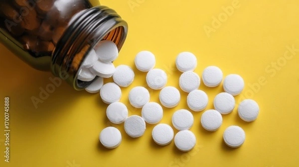 Fototapeta Premium photo of macro top view of white Diazepam pills and tablets pouring from a medication bottle with space for text.