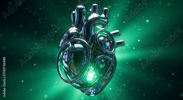 Fototapeta Abstract Metallic Heart With Glowing Green Energy Amidst Cosmic Dust