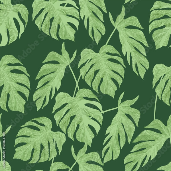 Fototapeta Green tropical palm leaves seamless vector pattern on the black background. Trendy summer print.	
