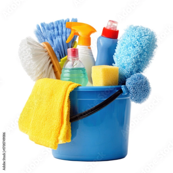 Obraz A blue bucket with a yellow towel and a green bottle of cleaner