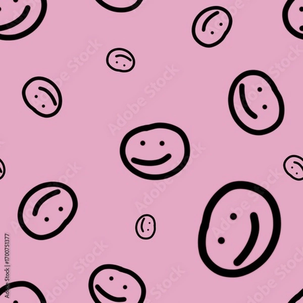 Obraz Seamless pattern from happy face. The symbols are made in black color on pale violet red background