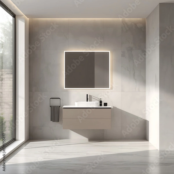 Fototapeta The bathroom interior is modern and minimalist, featuring natural light, an elegant vanity, and an illuminated mirror, ideal for architecture and mockup use, with a 3D render.