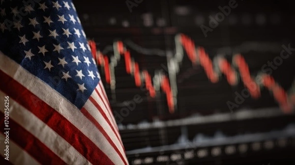 Fototapeta Premium photo of american flag is displayed in front of a financial stock market chart showing fluctuating trends.