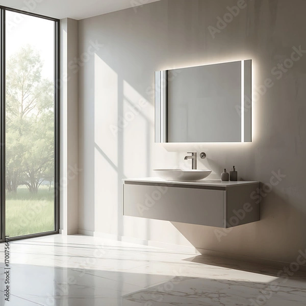 Fototapeta The bathroom interior is modern and minimalist, featuring natural light, an elegant vanity, and an illuminated mirror, ideal for architecture and mockup use, with a 3D render.