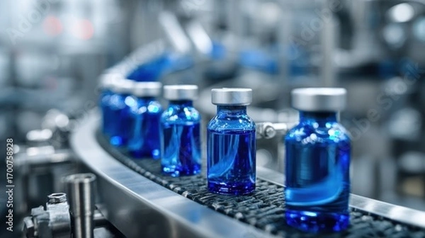 Fototapeta Premium photo of automated conveyor with blue medical vials in glass bottles pharmaceutical production line in sterile factory environment industrial automation for vaccine or.
