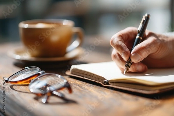 Obraz Coffee drinker enjoys writing in a notebook by the window during a sunny morning
