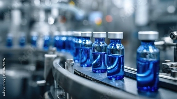 Fototapeta Premium photo of automated conveyor with blue medical vials in glass bottles pharmaceutical production line in sterile factory environment industrial automation for vaccine or.
