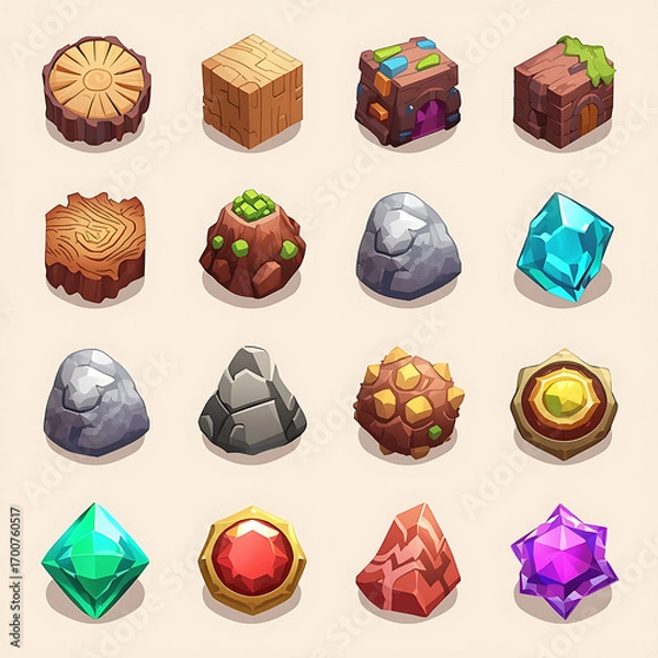 Fototapeta The collection includes various cartoon game UI assets such as wood stones and gems.