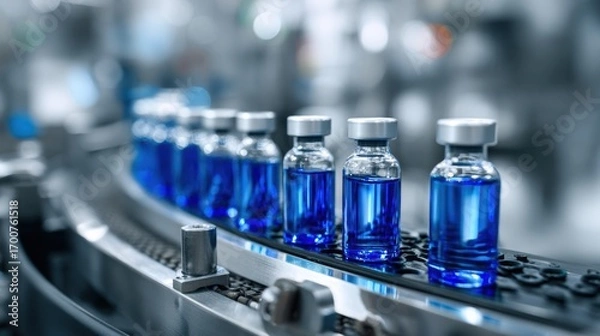 Fototapeta Premium photo of automated conveyor with blue medical vials in glass bottles pharmaceutical production line in sterile factory environment industrial automation for vaccine or.