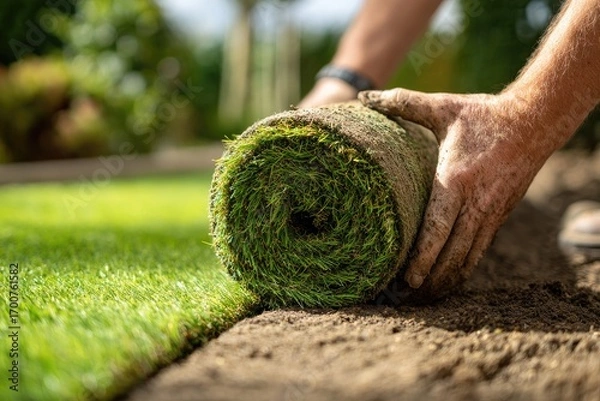 Obraz Lawn installation process in a residential garden during daylight hours with focus on turf laying