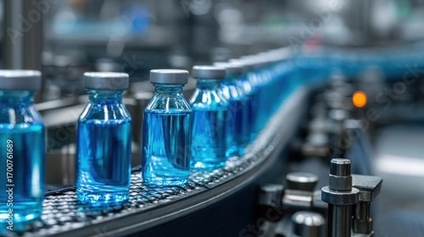 Fototapeta Premium photo of automated conveyor with blue medical vials in glass bottles pharmaceutical production line in sterile factory environment industrial automation for vaccine or.