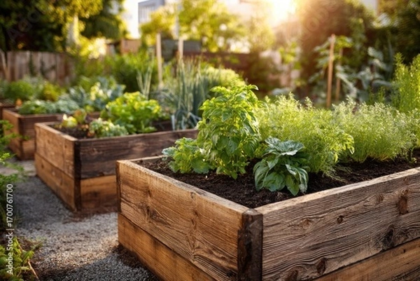 Obraz Vibrant raised garden beds filled with fresh herbs and vegetables in a sunny urban backyard during golden hour