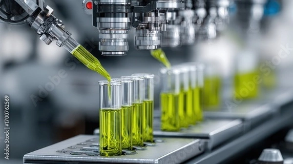 Fototapeta Premium photo of automated robotic system injecting green liquid into test tubes in laboratory setting, showcasing precision and advanced technology.