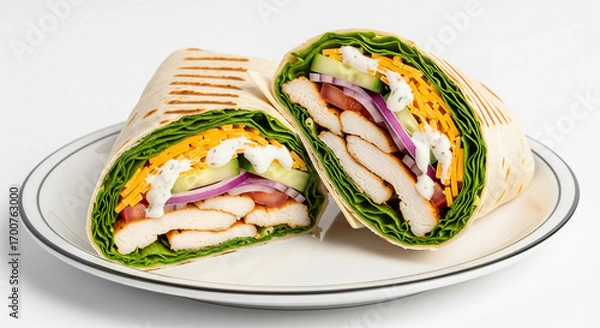 Fototapeta A wrap sandwich cut in half with chicken, cheddar cheese, red onion, cucumber, lettuce, and dressing on a plate.