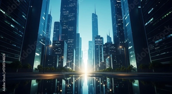 Fototapeta Futuristic Cityscape with Gleaming Skyscrapers and Reflective Streets at Dawn