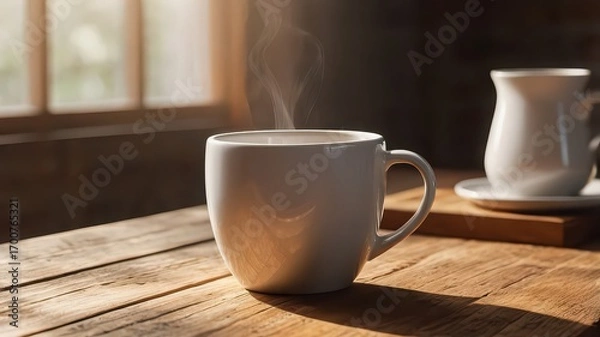 Fototapeta A steaming cup of coffee sits on a wooden table with sunlight shining through