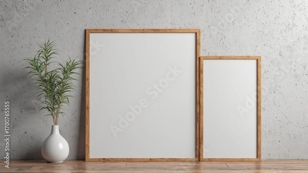 Obraz Empty poster mockup with vertical wooden frame- 3D rendering