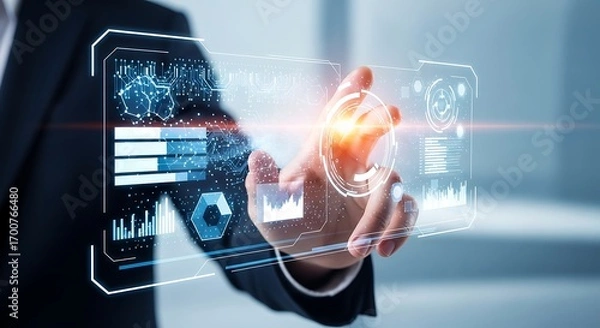 Fototapeta Business Professional Interacting with Futuristic Digital Data Display for Strategic Insight and Future Planning