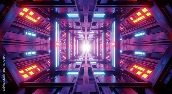 Fototapeta Futuristic Neon Sci Fi Tunnel Corridor With Glowing Lights And Digital Patterns