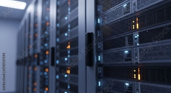 Fototapeta Modern Data Center Server Racks with Blinking Lights and Futuristic Glow